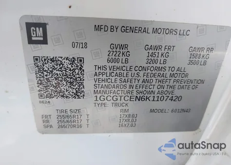 2019 Chevrolet Colorado Lt z USA, uszkodzony, nr VIN 1GCGTCEN6K1107420